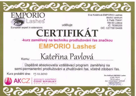 Emporio Lashes certifikát